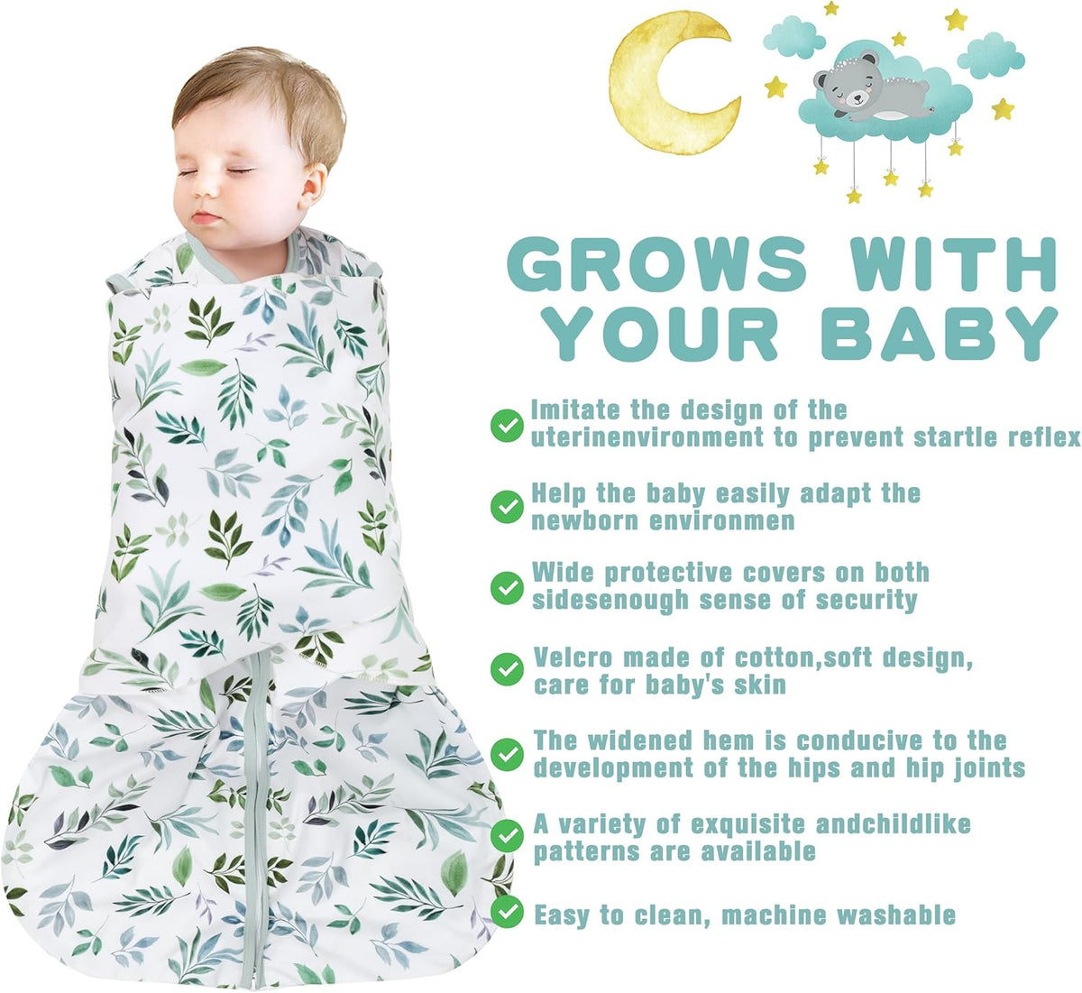 Newborn Sleep Sack Baby Swaddle,Swaddle me 6-12 Month,3-Way Adjustable Wearable Blanket,100% Rayon