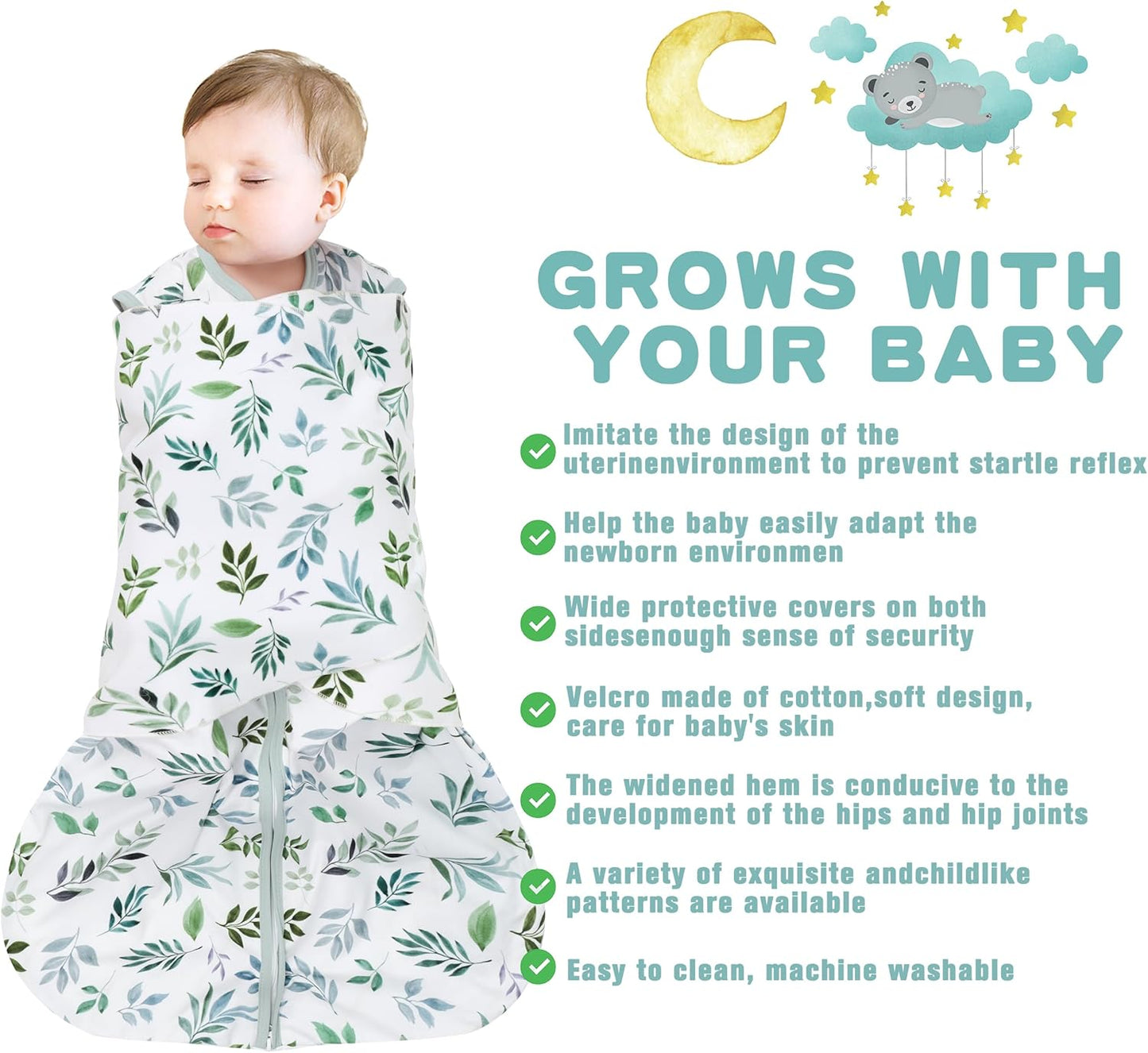 Newborn Sleep Sack Baby Swaddle,Swaddle me 3-6 Month,3-Way Adjustable Wearable Blanket,100% Rayon