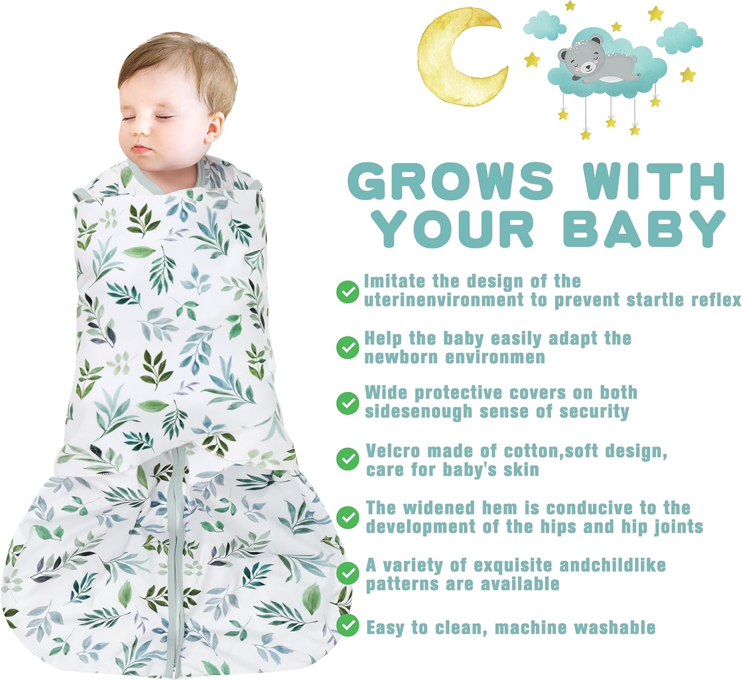 Newborn Sleep Sack Baby Swaddle,Swaddle me 3-6 Month,3-Way Adjustable Wearable Blanket,100% Rayon