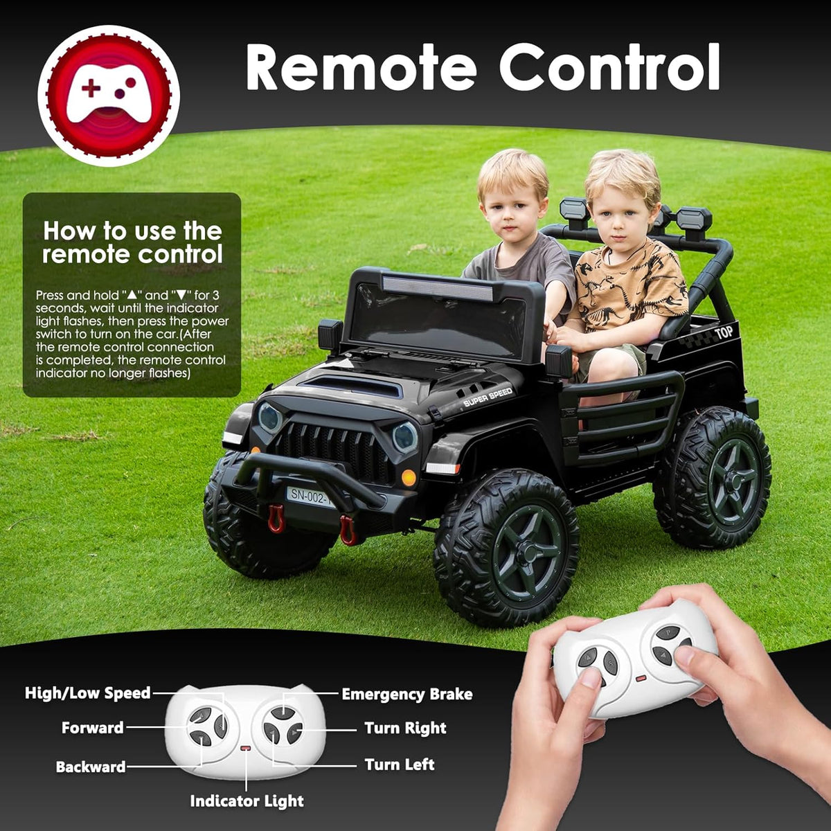 24V 2 Seater Ride On Truck with Remote Control 4WD Electric Car for Kids Ride On Car Battery