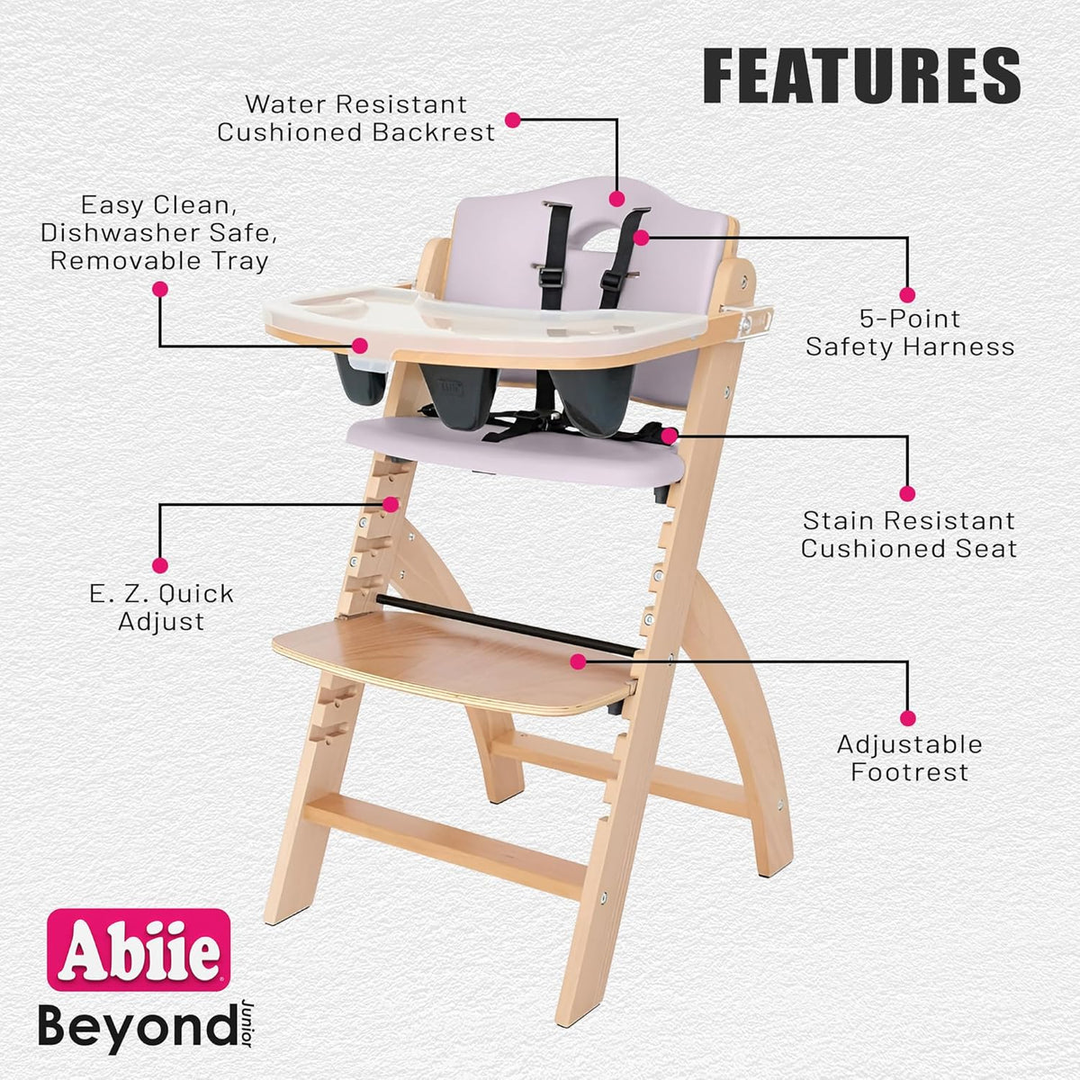 Abiie Beyond Junior Wooden High Chair with Tray - Adjustable and Convertible High Chair for Babies