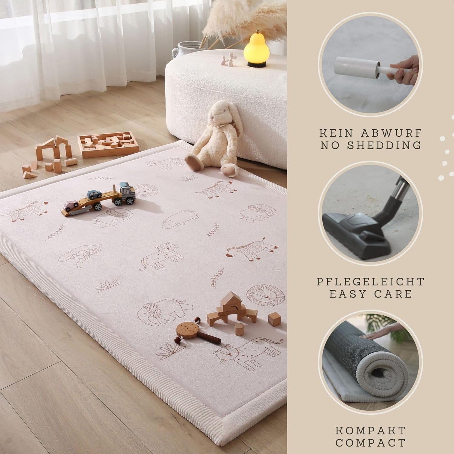 Stylish Coral Baby Play Mat for Floor 47" x 67" Safari Animals – Soft 1" Thick High-Density Memory