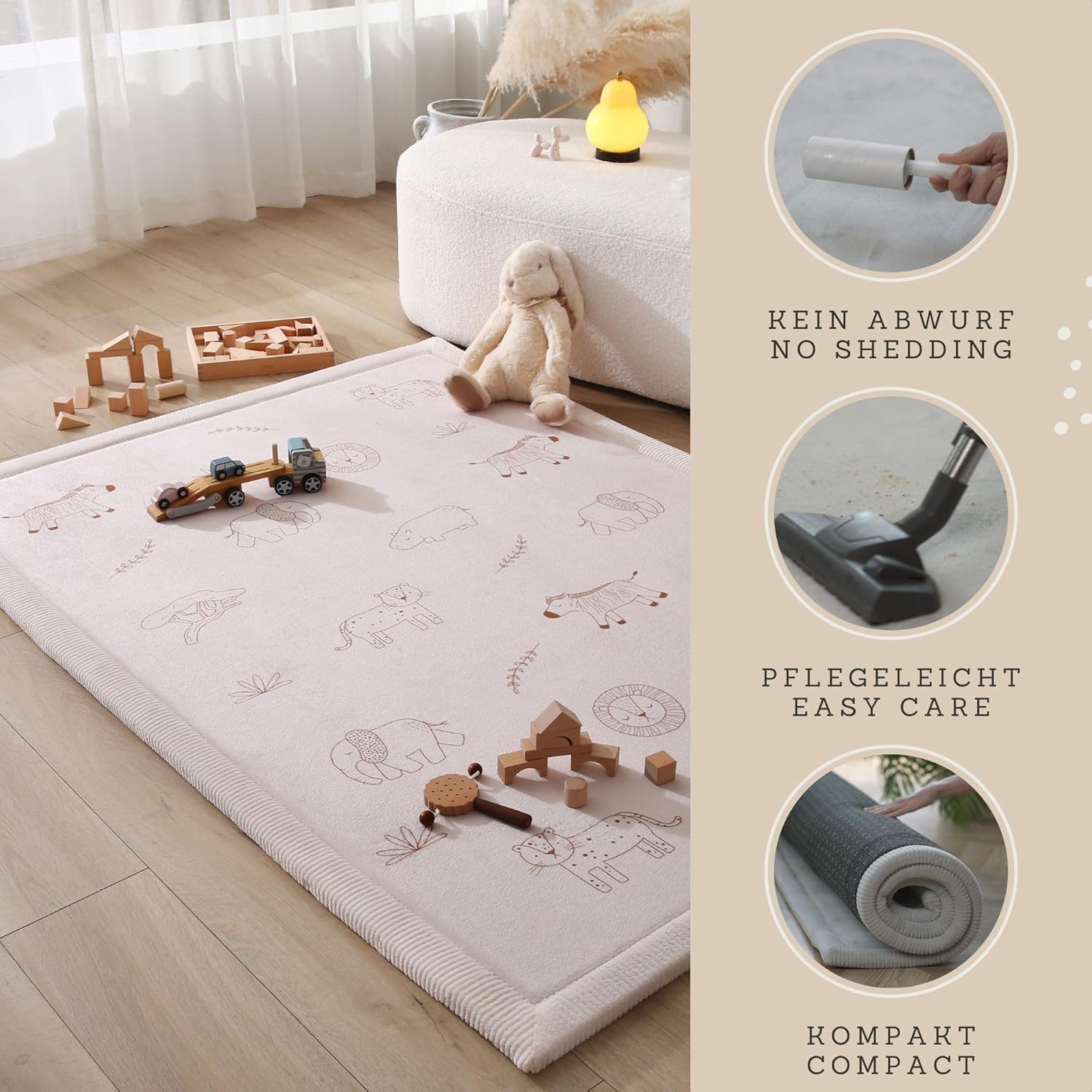 Stylish Coral Baby Play Mat for Floor 47" x 67" Safari Animals – Soft 1" Thick High-Density Memory