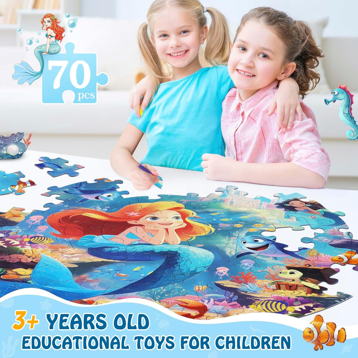 Floor Puzzles for Kids Ages 3-5, 70 Pieces Mermaid Jigsaw Puzzle for Toddler Girls Ages 3 4 5 6 7 8
