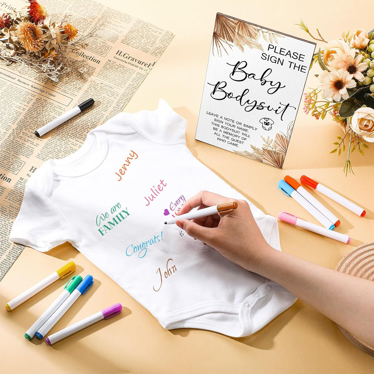 Qunclay 12 Pcs Baby Bodysuit Baby Shower Game Include 1 Game Wooden Sign Tabletop Decor 1 White