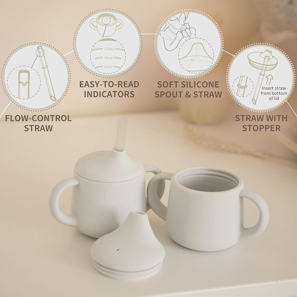 Moonkie Silicone Baby Sippy Cups | 3 Stages Training Cup Straw Cup for Infants Toddlers and Kid | 4