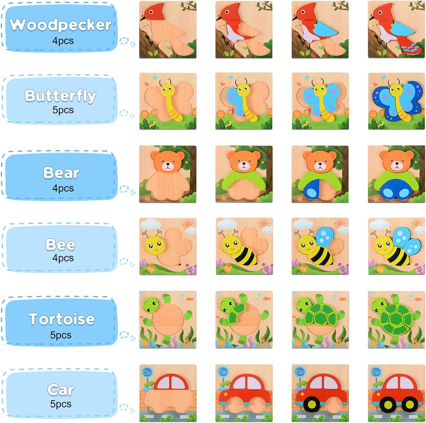 MAGIFIRE Wooden Puzzles for Toddlers 1-3 - 6-Pack Multicolor Animal & Car Puzzles - Toddler