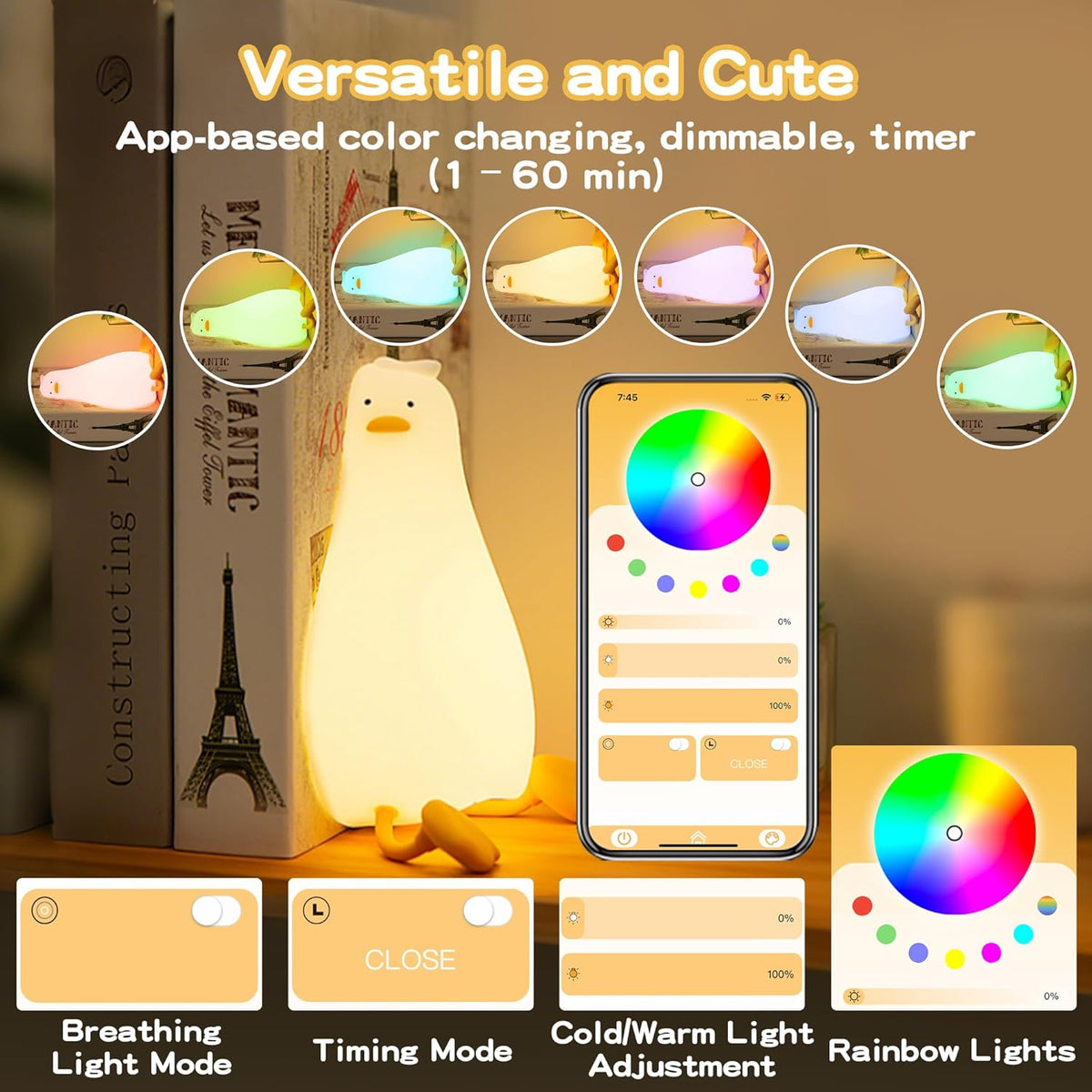 Cute Duck Night Light with Color Changing, APP/Tap Control Fun Lying Flat Ducky Lamp with Blind Box