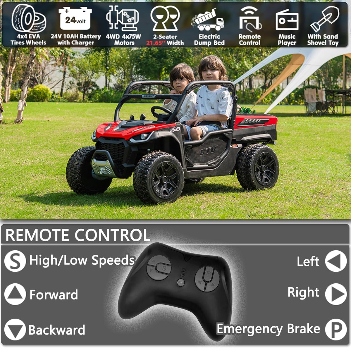 sopbost 24V 10Ah Ride On Toys for Big Kids to Drive 2 Seater Ride On Car with Remote Control