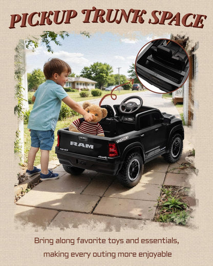 12V Licensed Ram 1500 Ride on Toy for Kids, Toddler Ride on Pickup Truck with Parent Remote