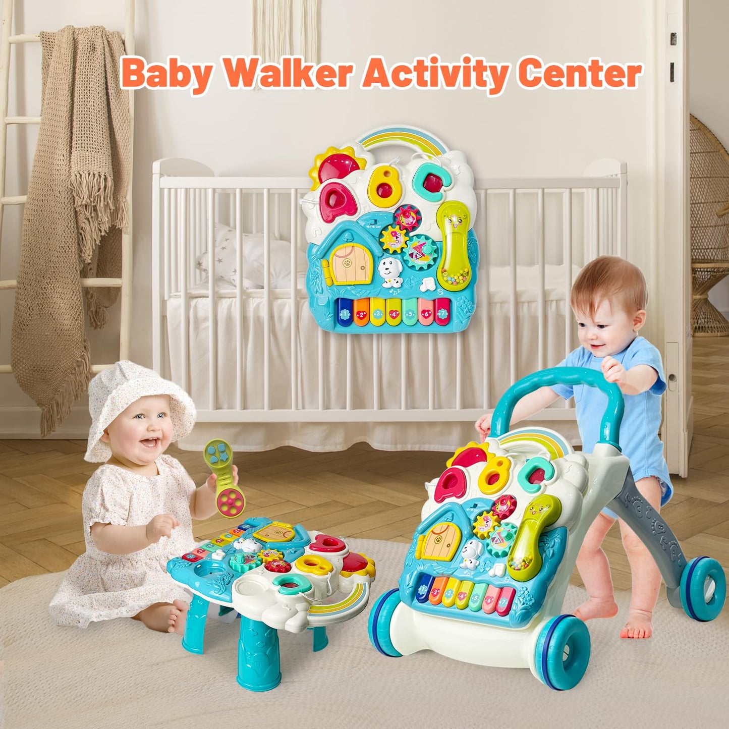 Sit to Stand Baby Walker Toy, Activity Center with Music and Light, Blue