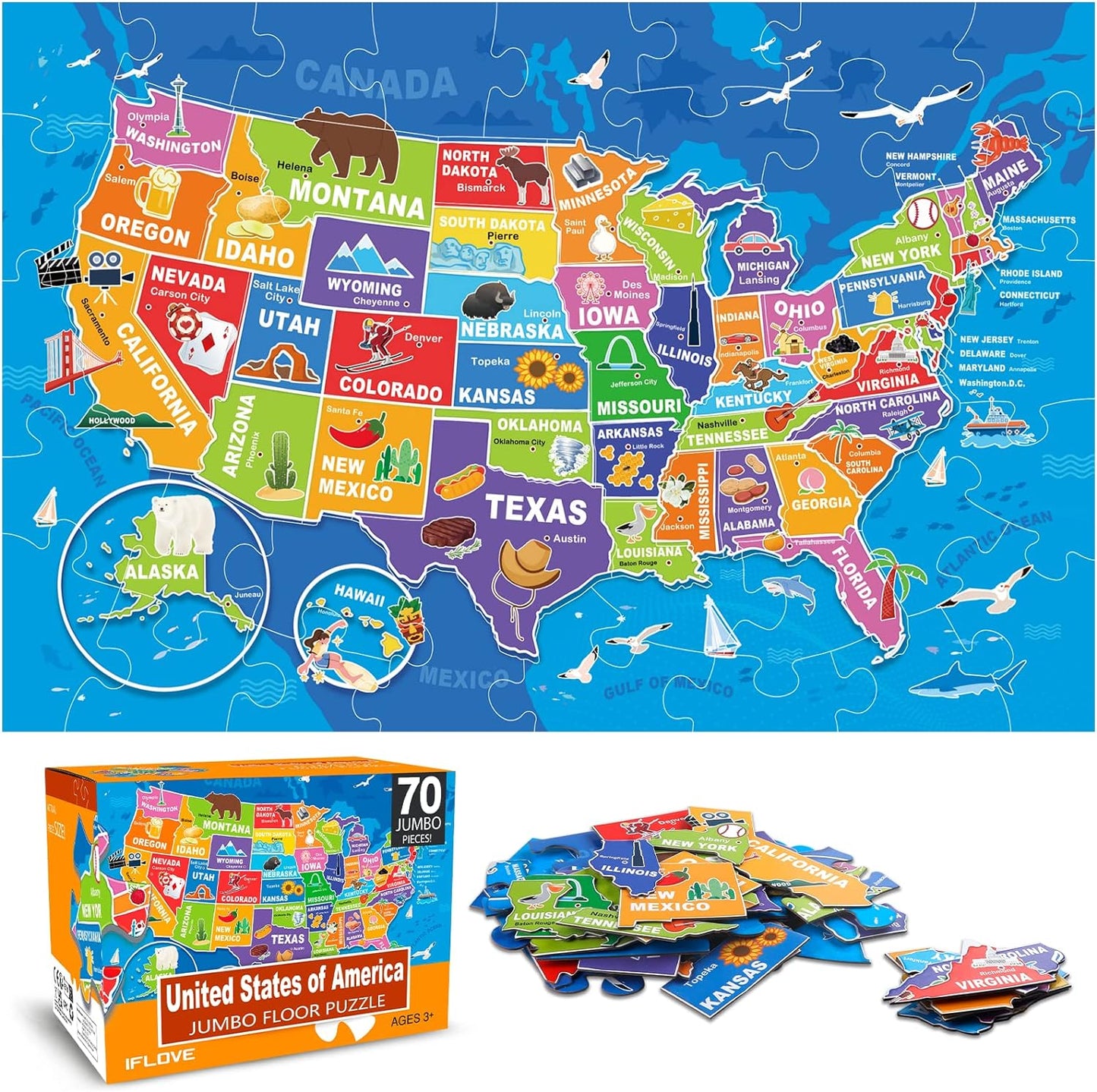 Jumbo Floor Puzzle for Kids,USA Map Puzzle Jigsaw Geography Puzzles,70 Piece US Map 50 States with