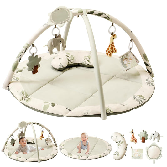 Fortella Baby Play Gym & Activity Mat, Tummy Time Mat w 5 Detachable Toys and Pillow, Large Sensory