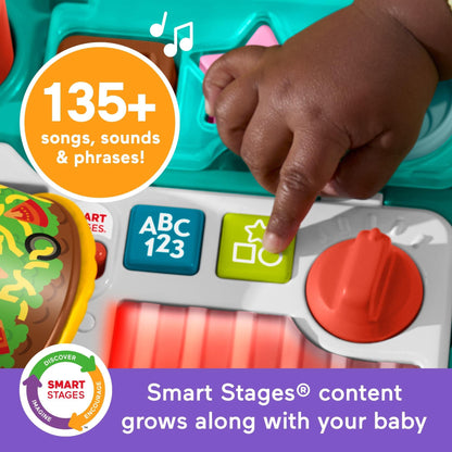 Fisher-Price Baby Push Toy 4-in-1 Snack Cart Walker Learning Activity, 14 Pieces for Pretend Play