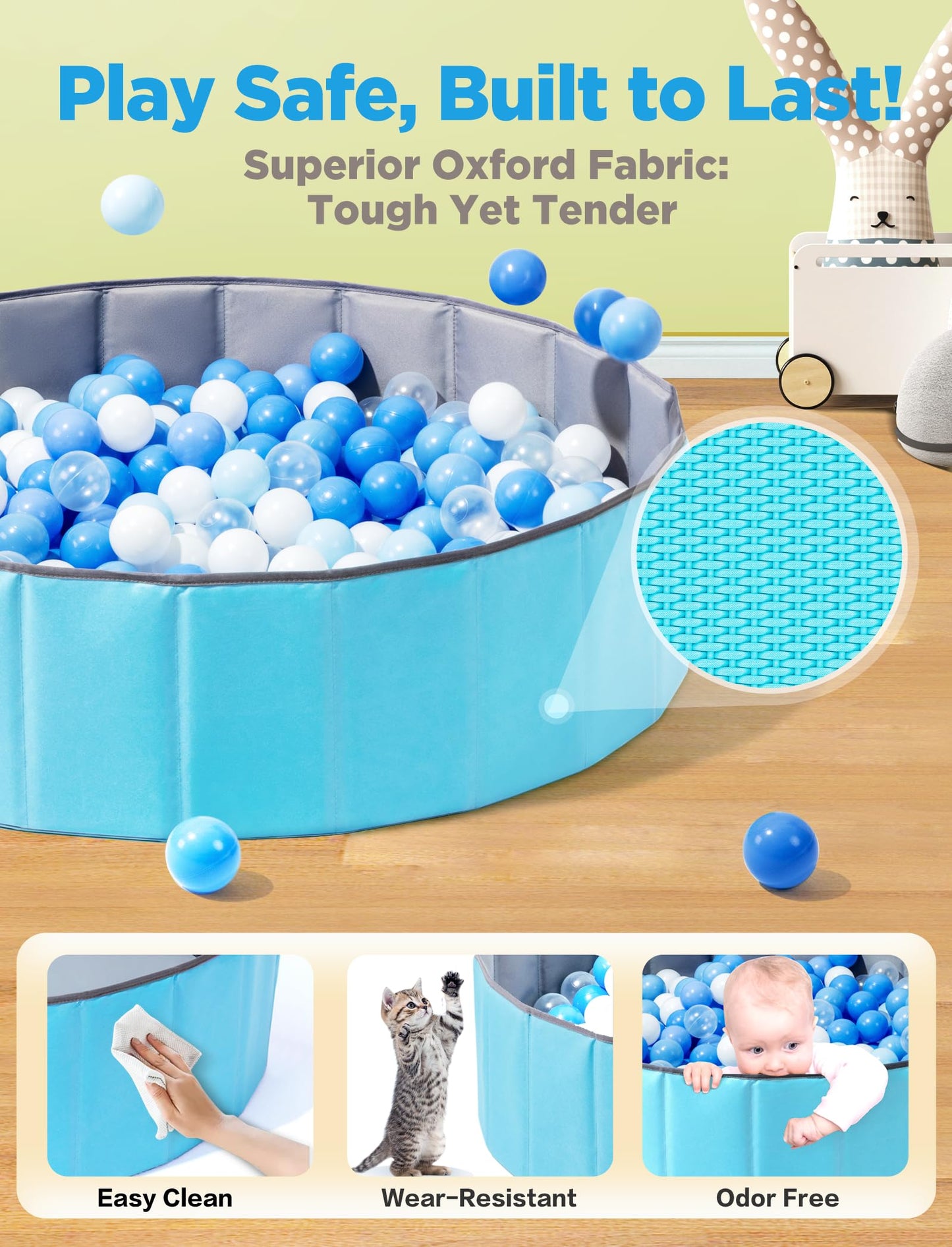 Hikiddy Large Ball Pit for Toddlers - 44in Baby Ball Pool with Playmat, Hold Over 1000 Balls