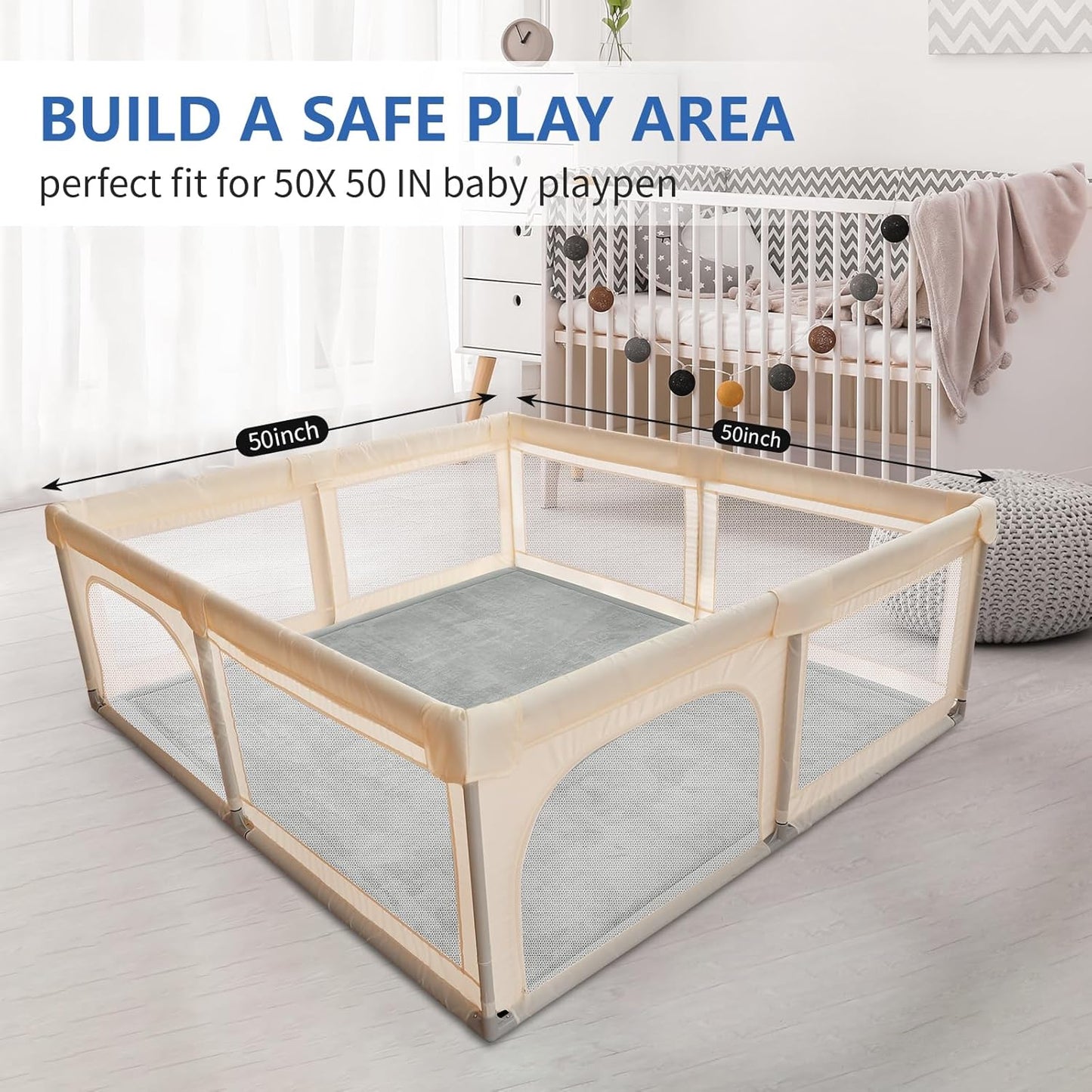 Baby Play Mat for Floor,1.3" Thick Elasti-Foam 50x50 Playpen Mat for Toddlers Infant