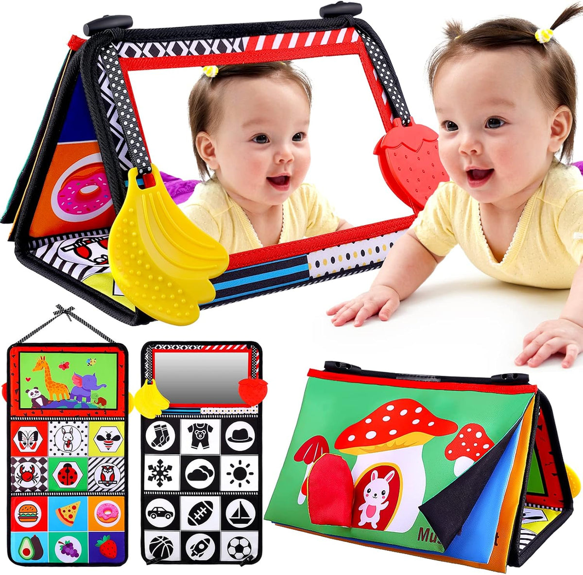 Baby Mirror Tummy Time Toys 0-3 3-6 Months Sensory Crinkle Baby Books Black and White High Contrast