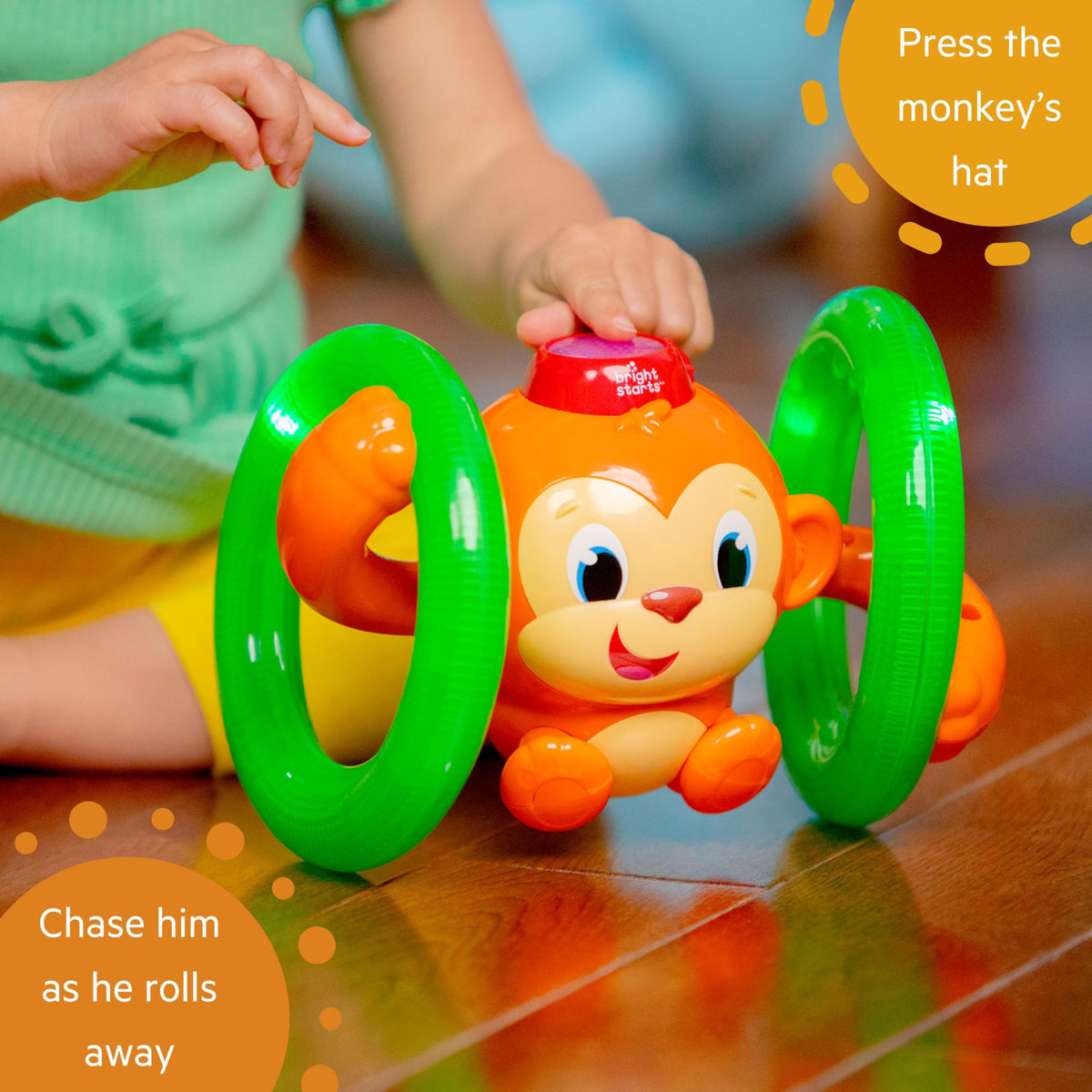 Bright Starts Roll & Glow Monkey Crawling Baby Toy with Lights and Sounds, Tummy Time Toy, 6 Months