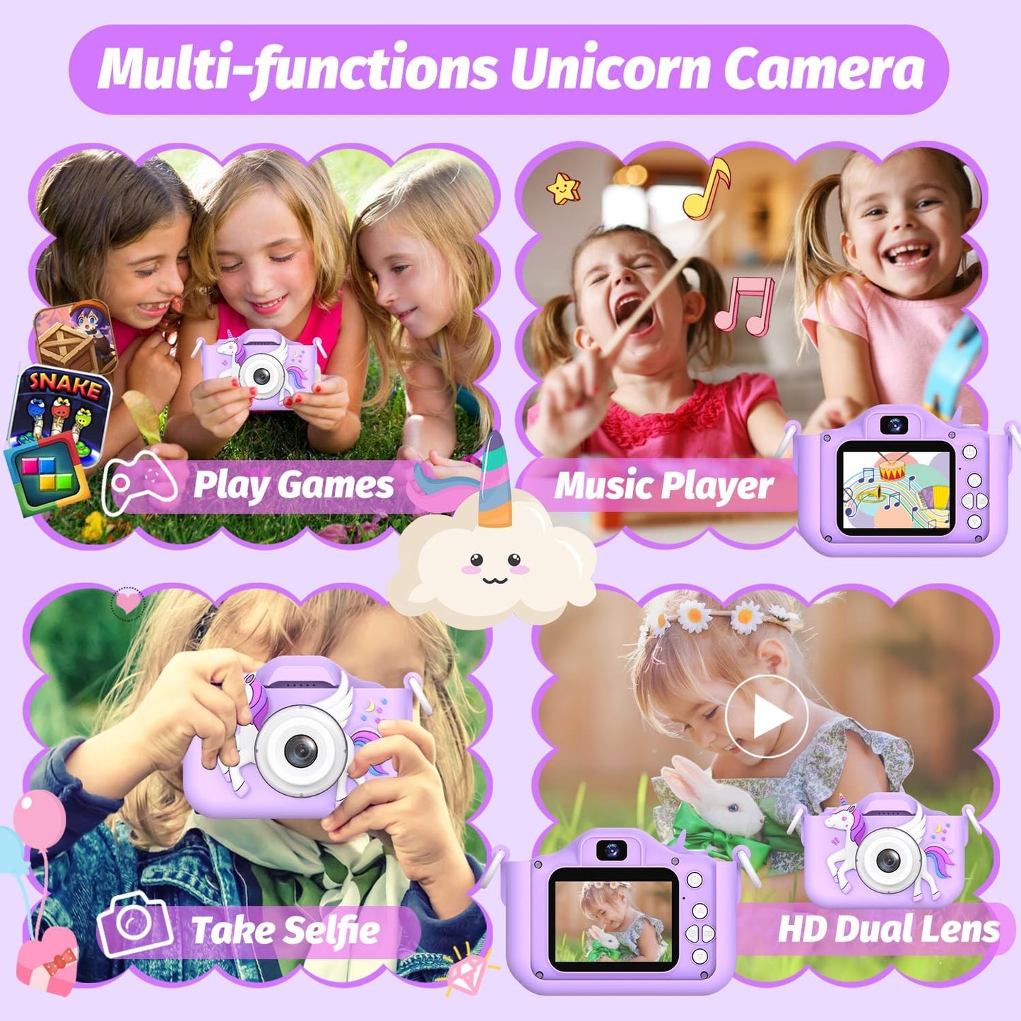 Upgrade Unicorn Kids Camera for Girls, Christmas Birthday Gift for Boys, 1080P HD Selfie Digital