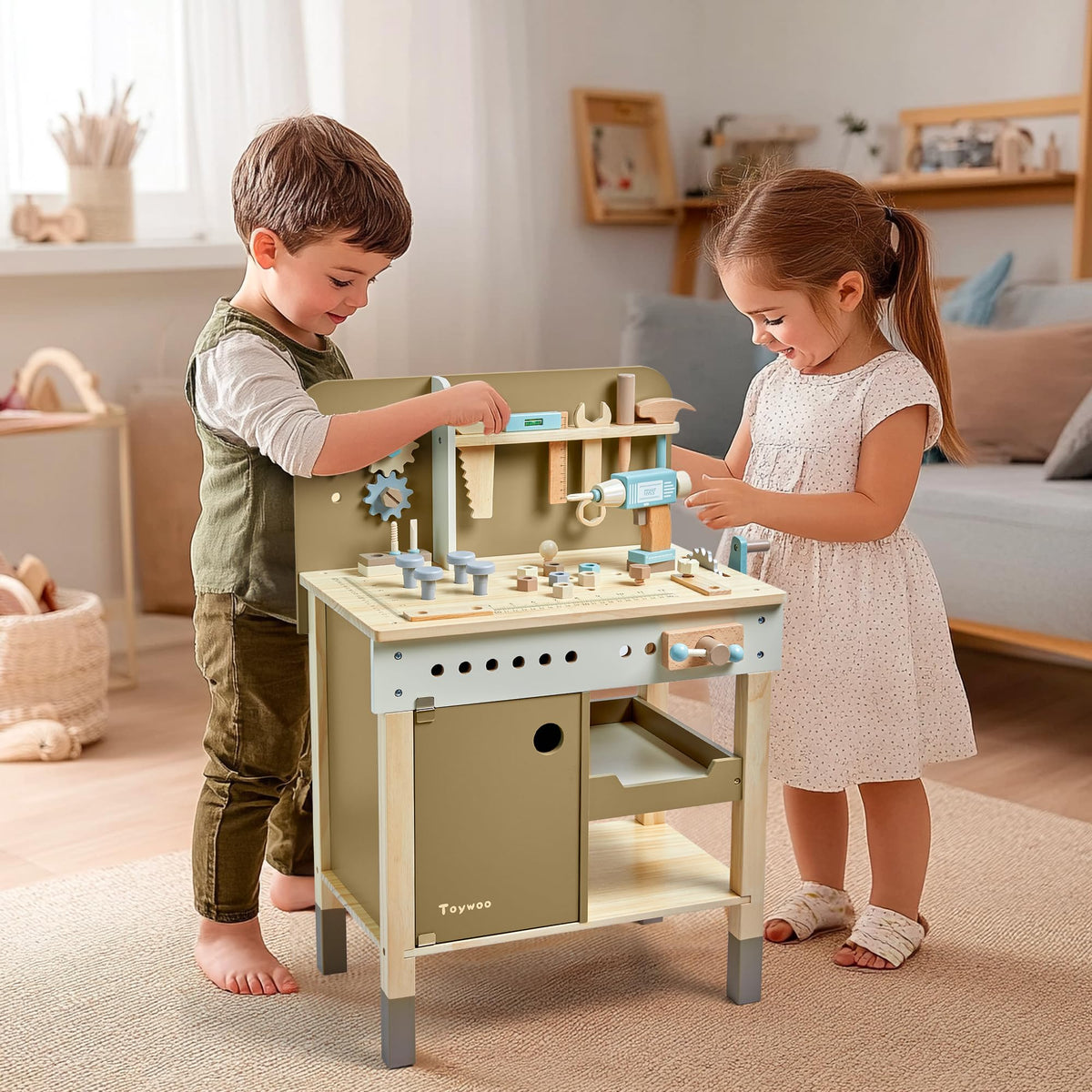 Kids Tool Set,Wooden Tools Bench with Apron Toddler Toy Workbench with Realistic Tools Electric