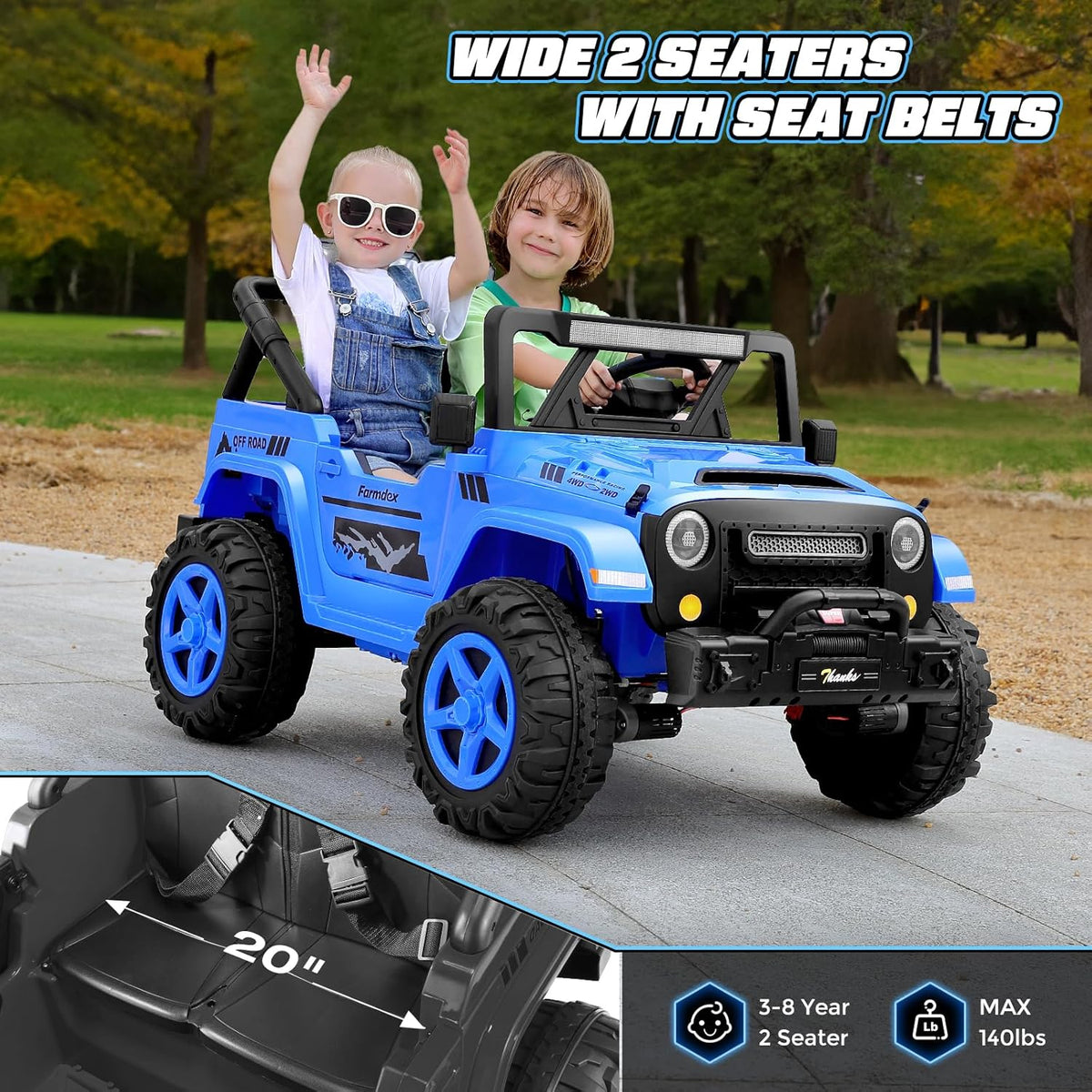 Hikole 24V Kids Ride on Car - 2 Seater, 4WD/2WD Switch, 4x200W Motor, Remote Control, 3 Speeds, LED