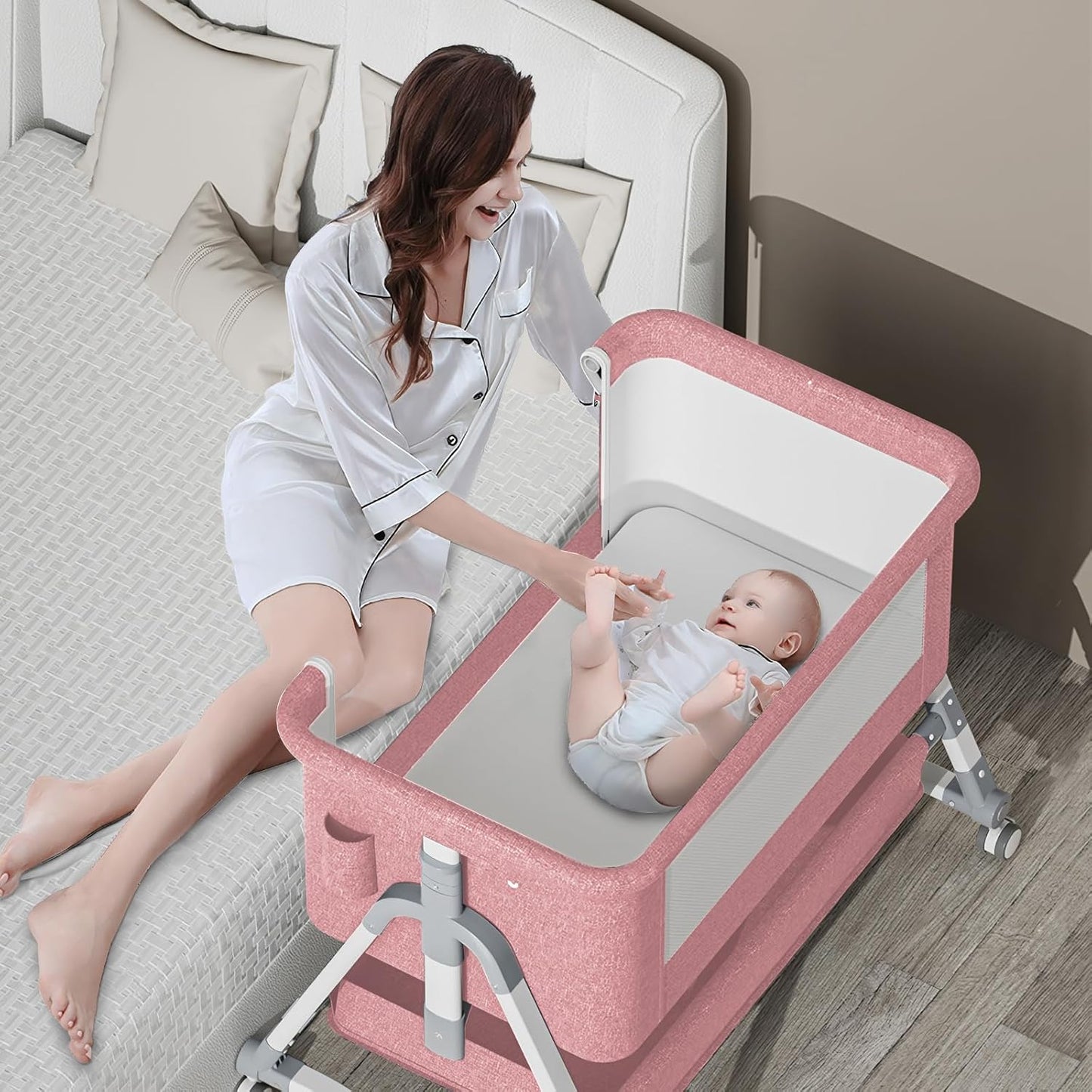 Jaoul 4 in 1 Baby Bassinet Bedside Sleeper Baby Crib, Adjustable Cosleeper for Baby, Easy Folding