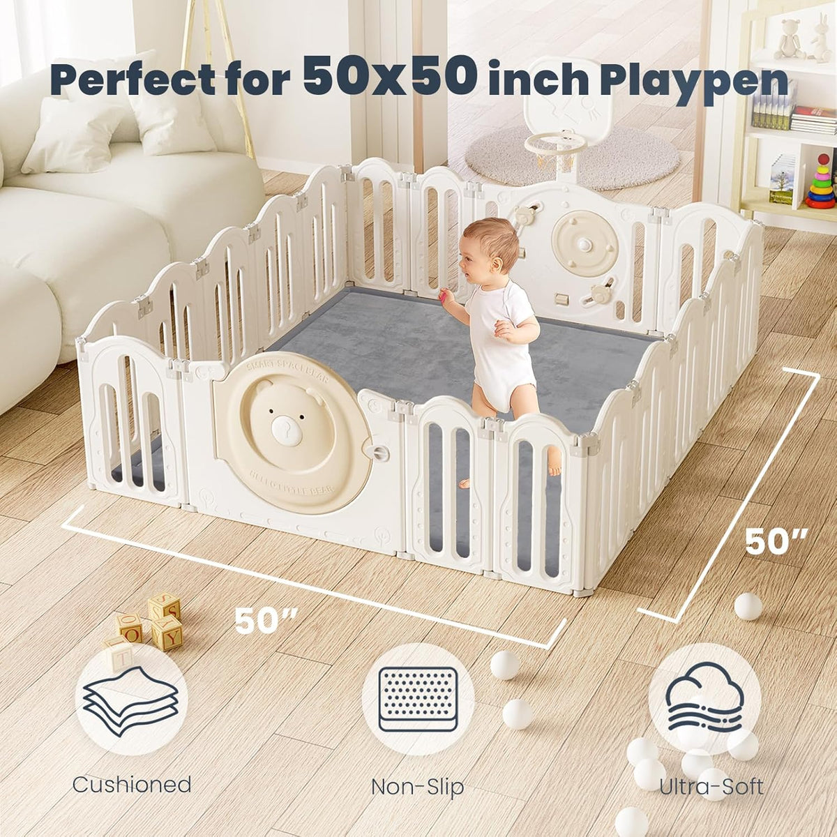 ACOMOPACK Baby Play Mat for Floor 1.3" Thick Memory Foam 50x50 Soft Velvet Playpen Mat for