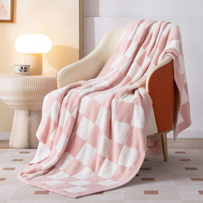 SeaRoomy Checkered Blanket, Ultra Soft Cozy Knit Throw Blanket Queen Size, Warm Fluffy Reversible