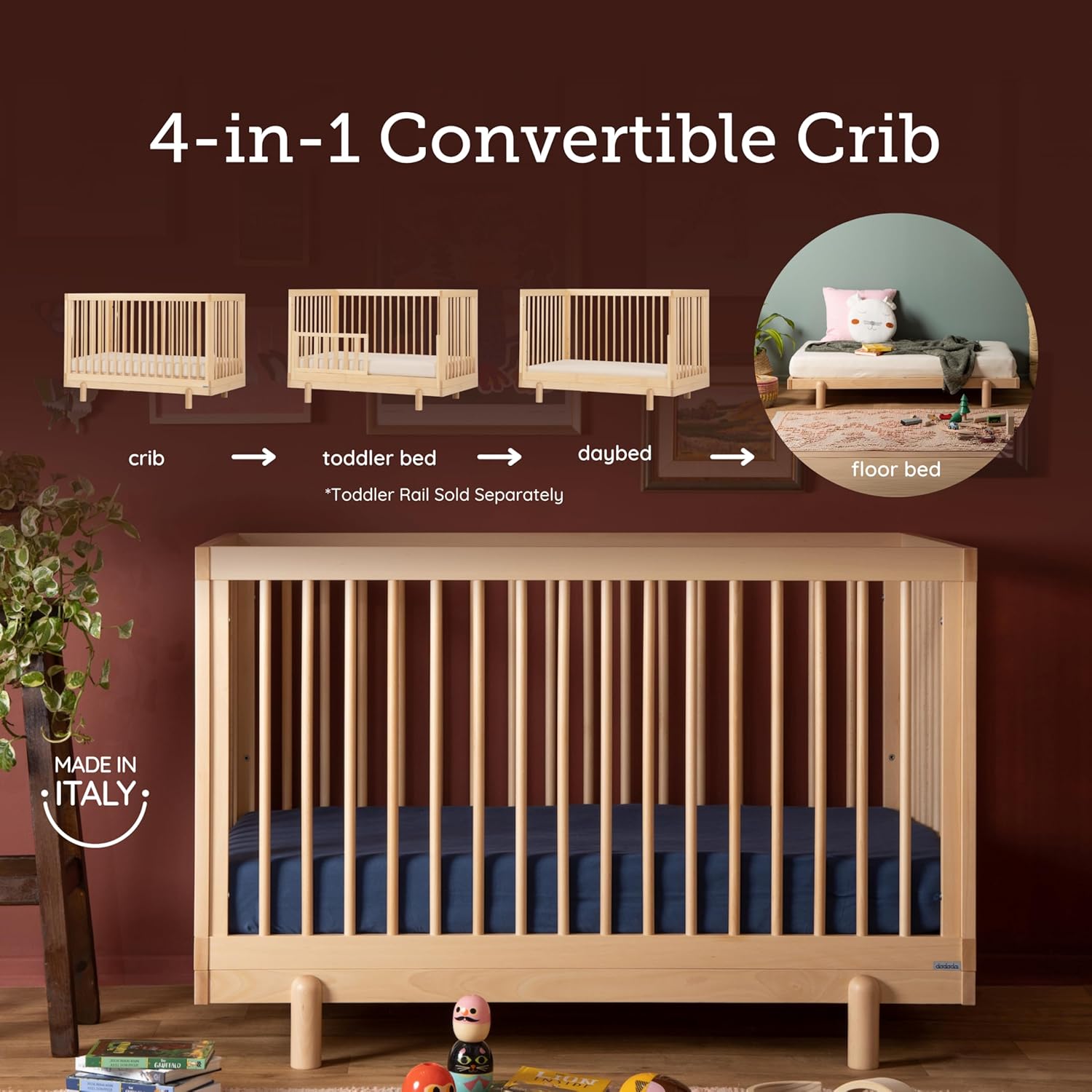dadada Baby Bliss 4 in 1 Convertible Crib to Toddler Bed & Floor Bed – Made in Italy, GREENGUARD