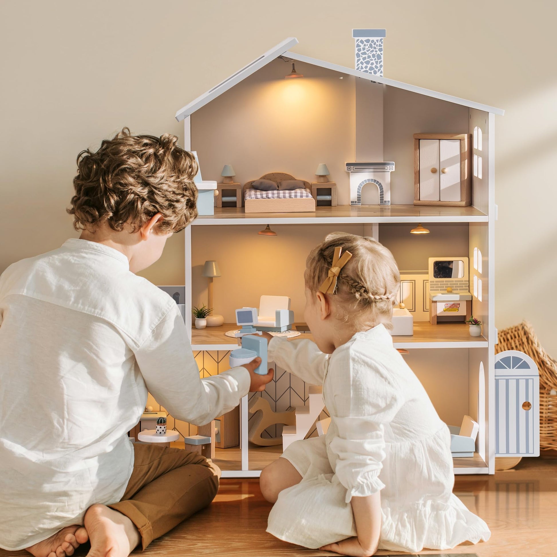 ROBUD Doll House, Wooden Dollhouse, Dollhouse Playset