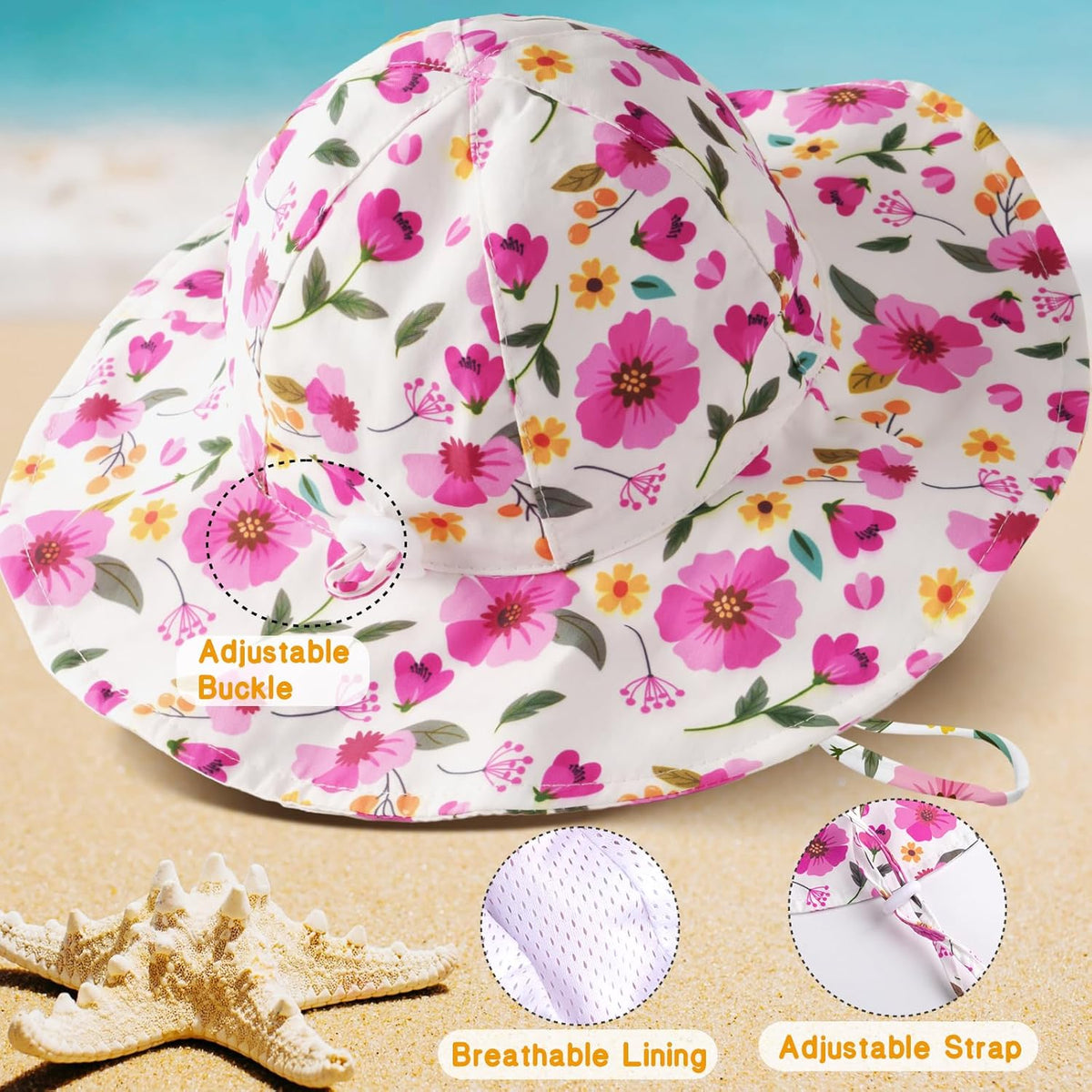 Baby Sun Hat Toddler Girl Beach Hat Adjustable Outdoor Summer Hat UPF 50+ Sun Protection Wide Brim