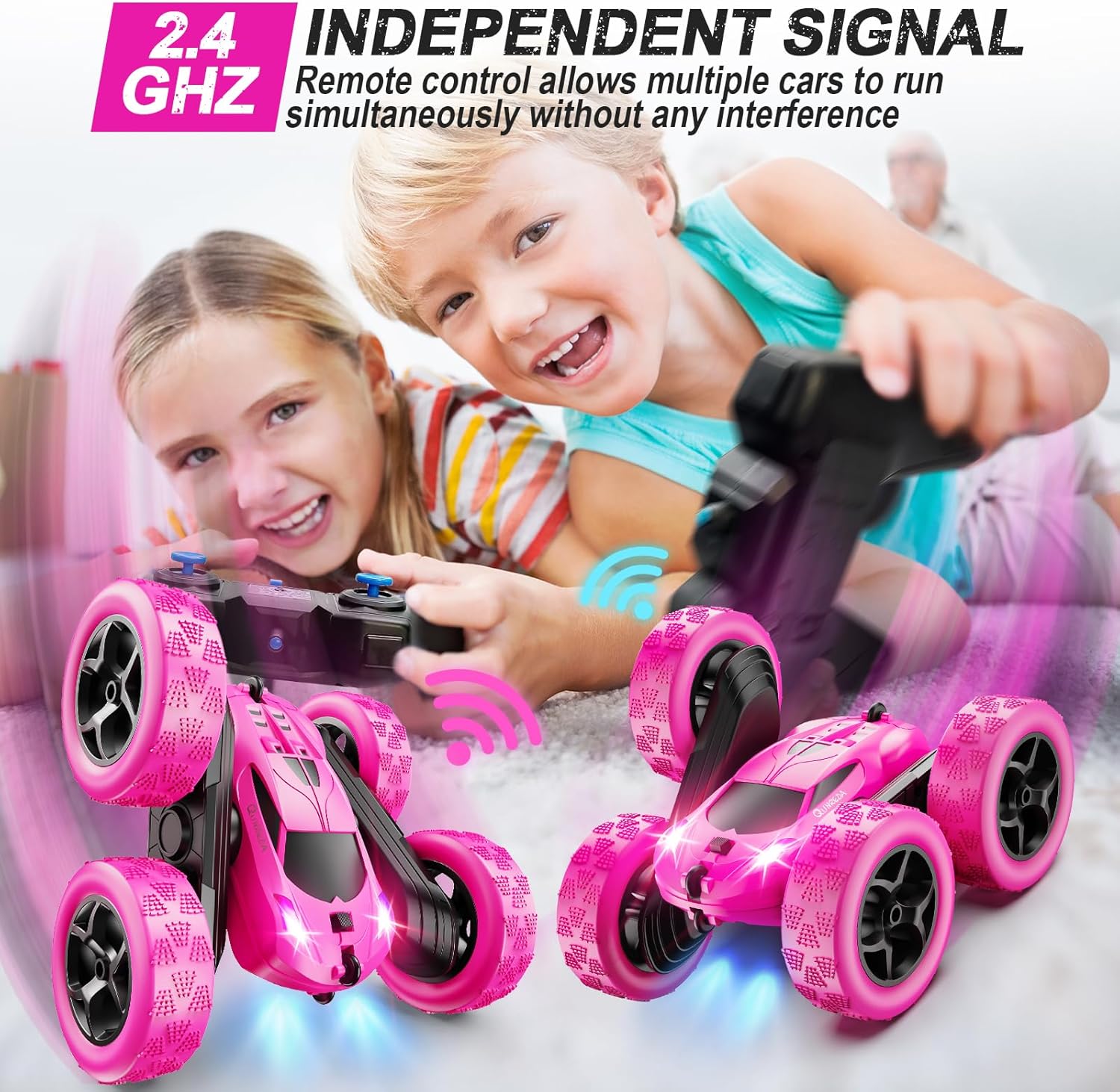 RC Cars, Rose Remote Control Car for Girls, 2.4 GHZ Double Sided RC Stunt Car 360° Rotating Remote