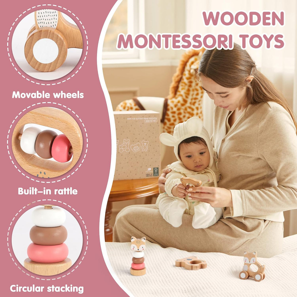 Freniland Wooden Montessori Toys, 5-Piece Wooden Baby Toys, Koala Wooden Baby Rattle, Fox Stacking