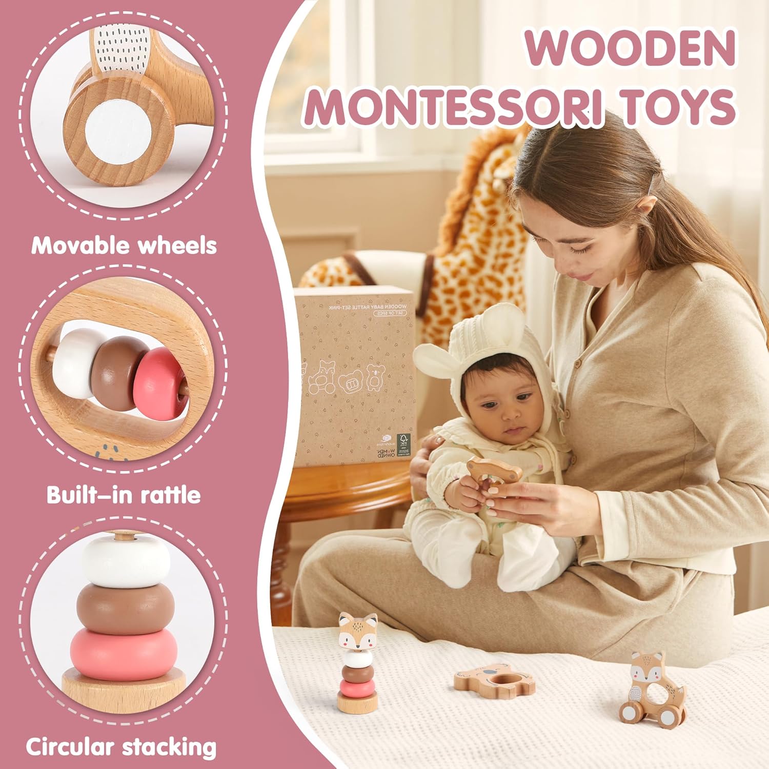 Freniland Wooden Montessori Toys, 5-Piece Wooden Baby Toys, Koala Wooden Baby Rattle, Fox Stacking
