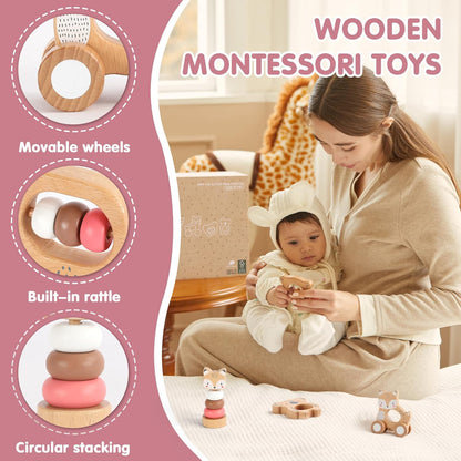 Freniland Wooden Montessori Toys, 5-Piece Wooden Baby Toys, Koala Wooden Baby Rattle, Fox Stacking