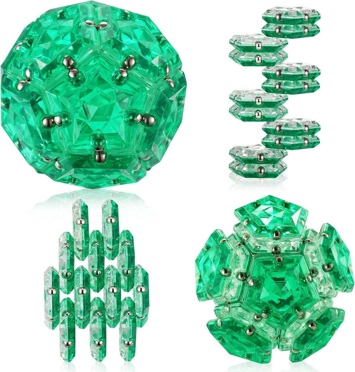 Magnetic Fidget Sphere - Pentagons Magnets Balls - 12 Piece Set - Crystal Green - Magnet Fidgets