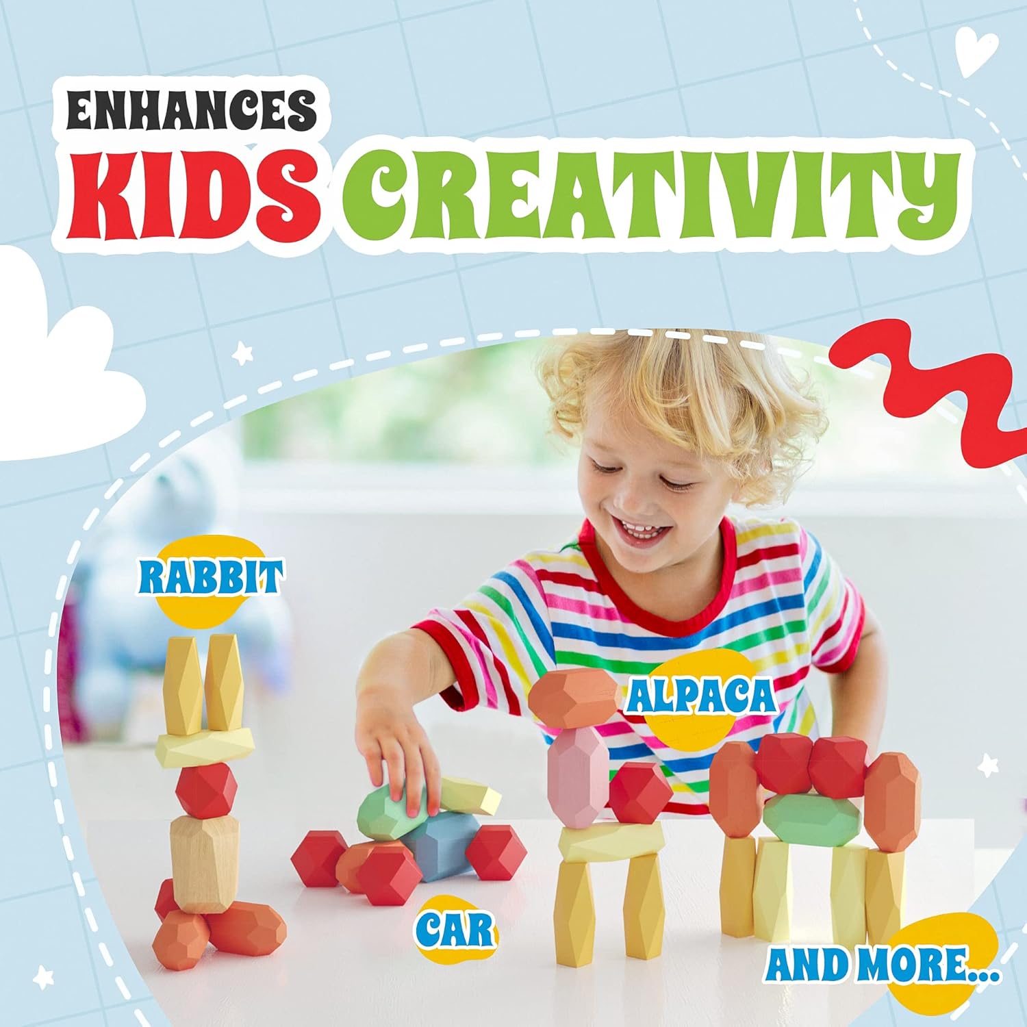 36 Pcs Wooden Stacking Blocks – Montessori Toys for 1 2 3 4 5 6 Year Old Toddlers and Kids, XL