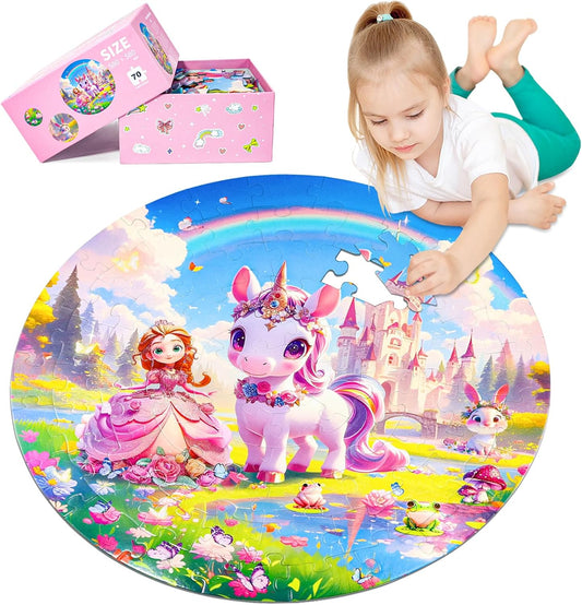 Floor Puzzles for Kids Ages 4-6, 70 Pieces Large Round Unicorn Princess Floor Puzzle Unicorn Jigsaw