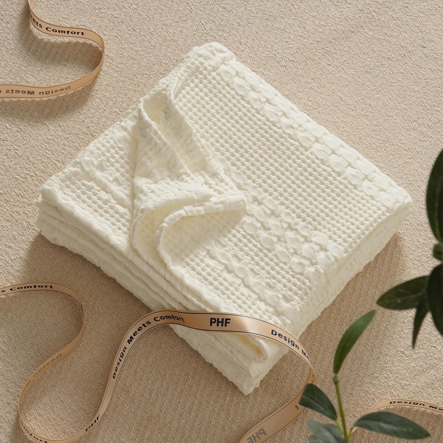 PHF 100% Cotton Waffle Weave Throw Blanket, Soft Lightweight Breathable Cozy Summer Throws for