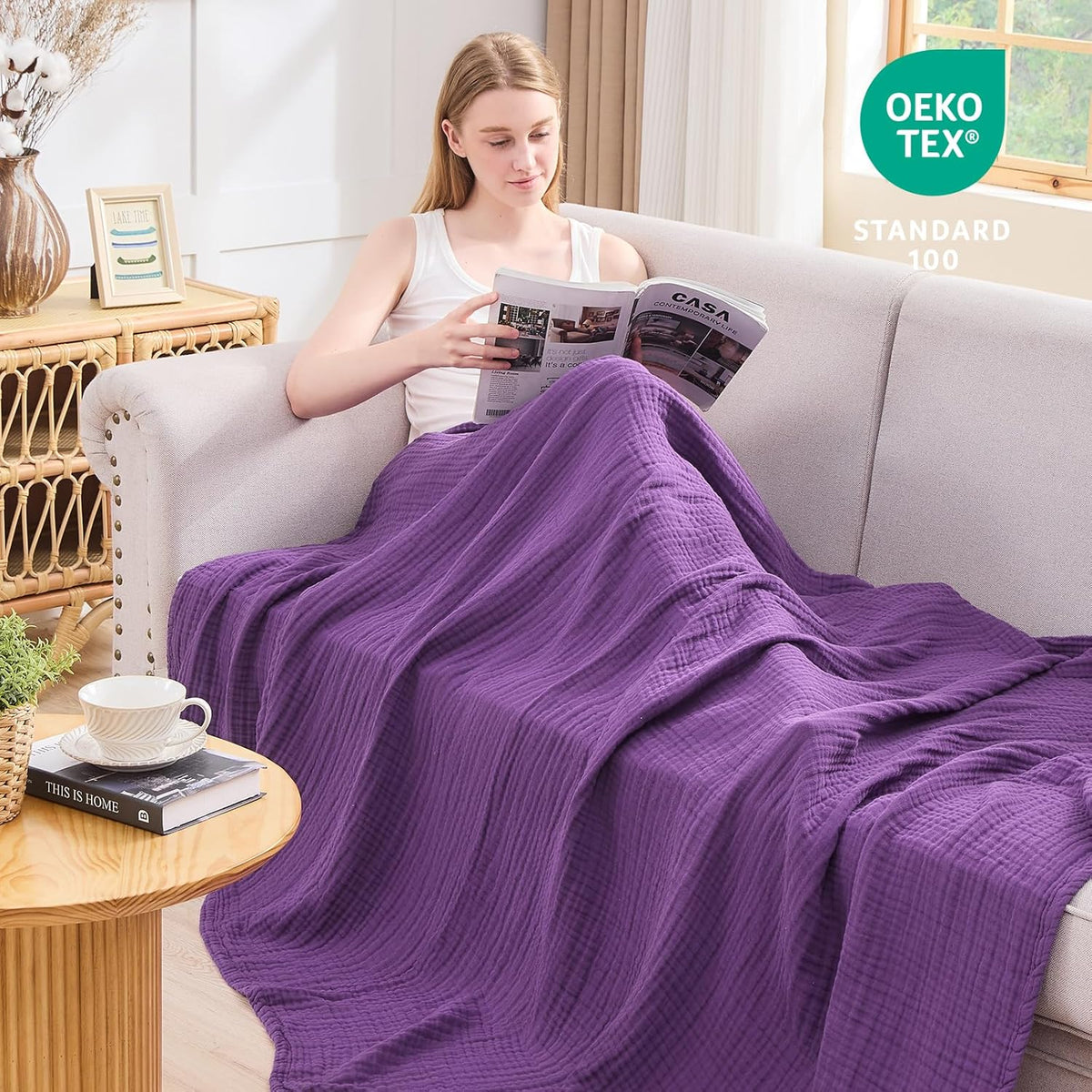 EMME Cotton Muslin Throw Blanket Couch Breathable Gauze Blanket Soft Lightweight Blankets Adults