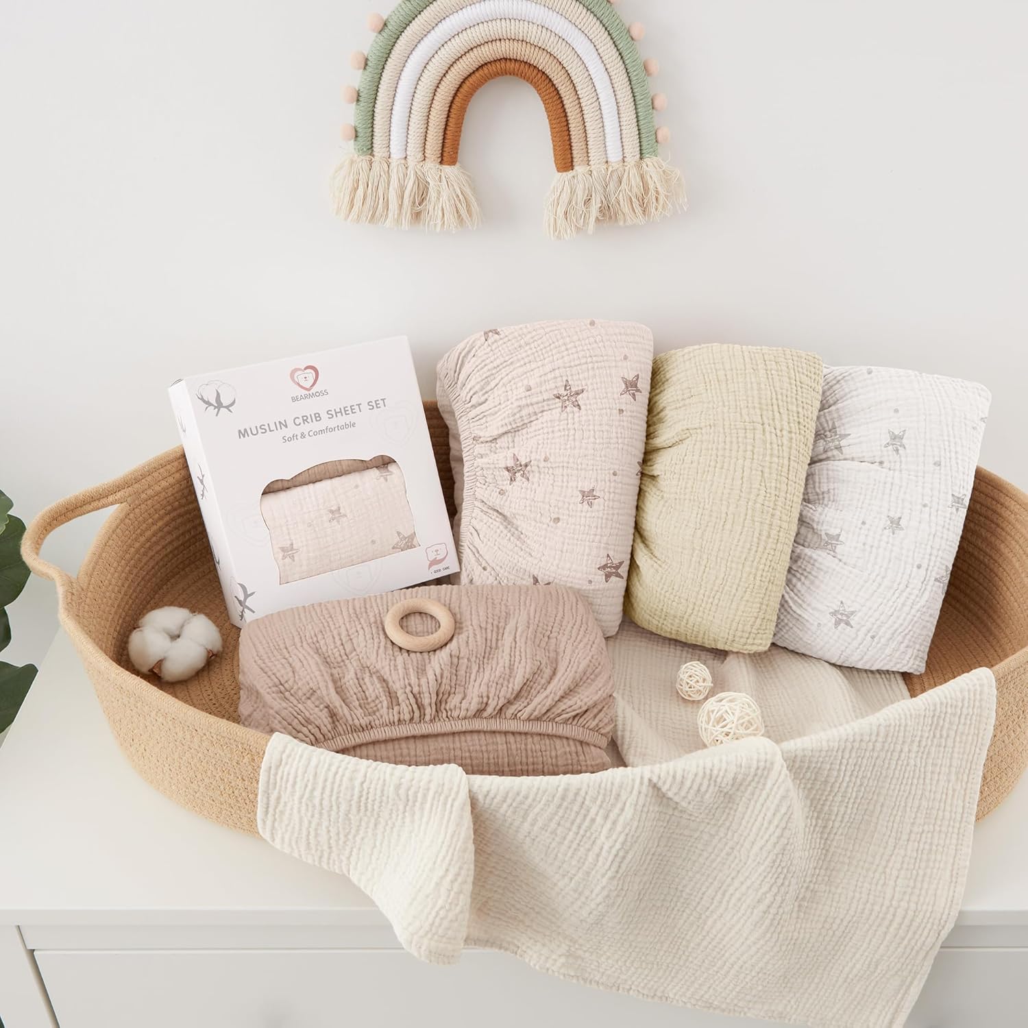 Bearmoss Muslin Crib Sheets - 100% Cotton Baby Crib Sheets Fitted for Standard Crib Mattress &