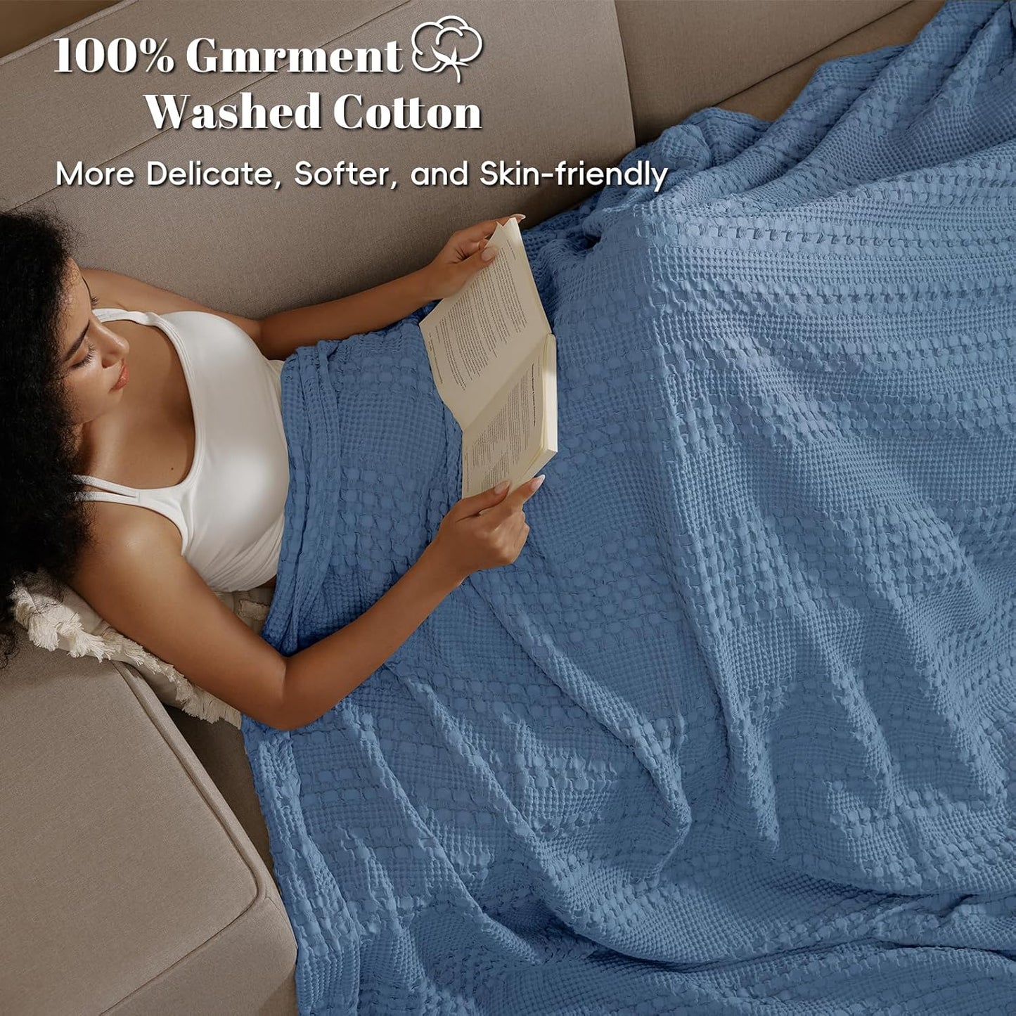 PHF 100% Cotton Waffle Weave Blanket Queen Size, Soft Lightweight Breathable Cozy Summer Blankets