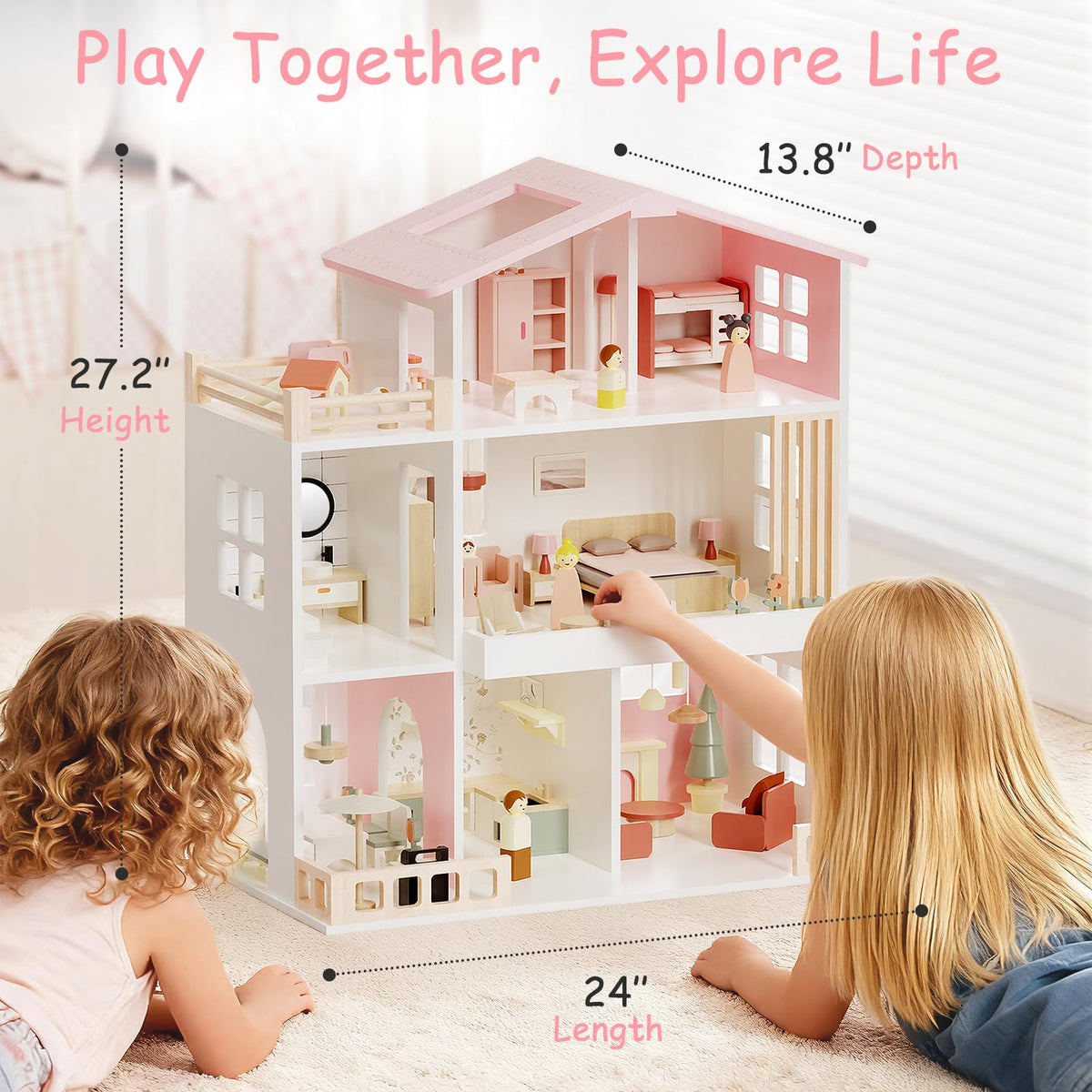 Wooden Doll House, Toddlers Dollhouse for Kids 3+ Year, 8 Rooms Play House