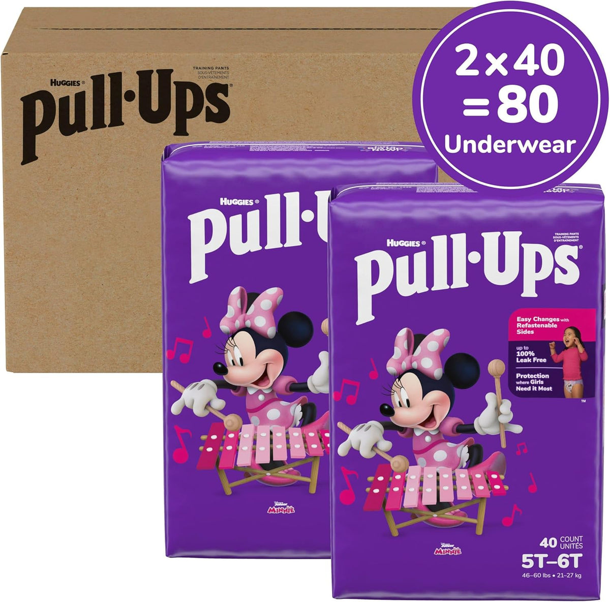Pull-Ups Girls' Potty Training Pants, Size 5T-6T Training Underwear (46+ lbs), 80 Count (2 Packs of