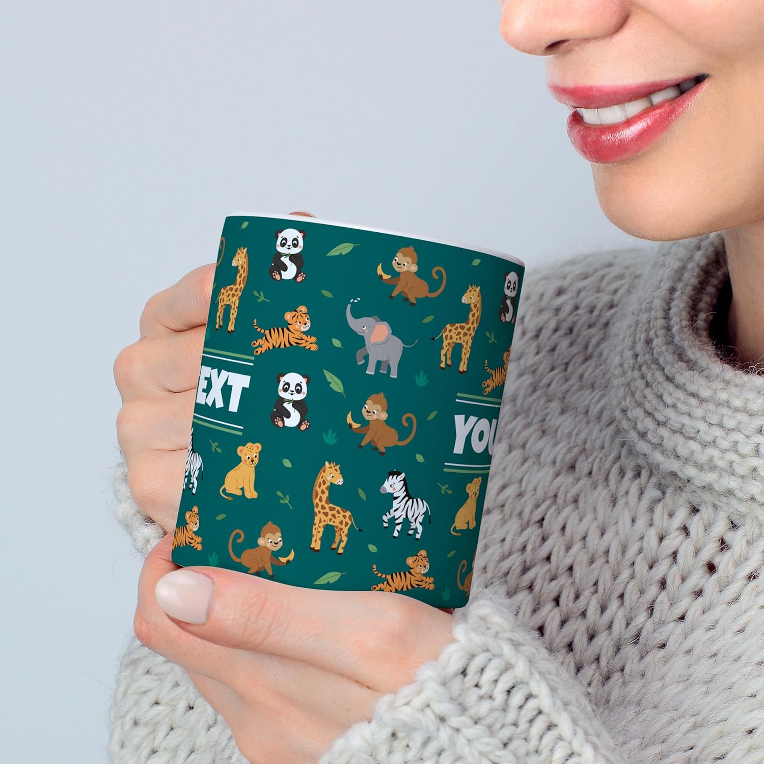 Personalized Mug for Kids - Zoo Animals - Custom Name/Text, Ceramic Hot Chocolate/Cocoa/Coffee Cup