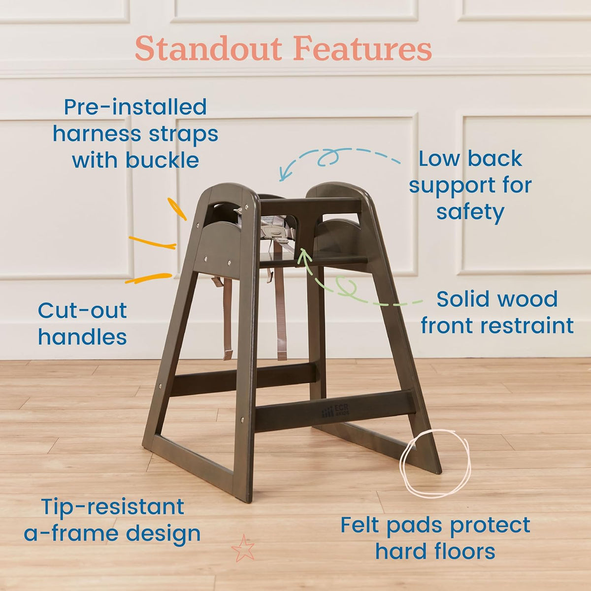 ECR4Kids ASATT High Chair, Toddler Chair, Grey Wash