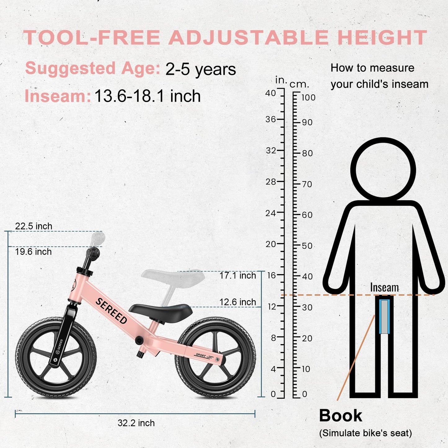 SEREED Toddler Balance Bike 2 Year Old, Gift for 2-3 Boys Girls, Adjustable