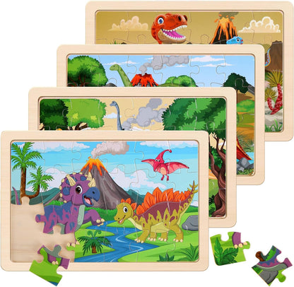 Wooden Puzzles Dinosaur Toys for Kids Ages 3-5, Set of 4 Packs with 20-Piece Wood Jigsaw Puzzles