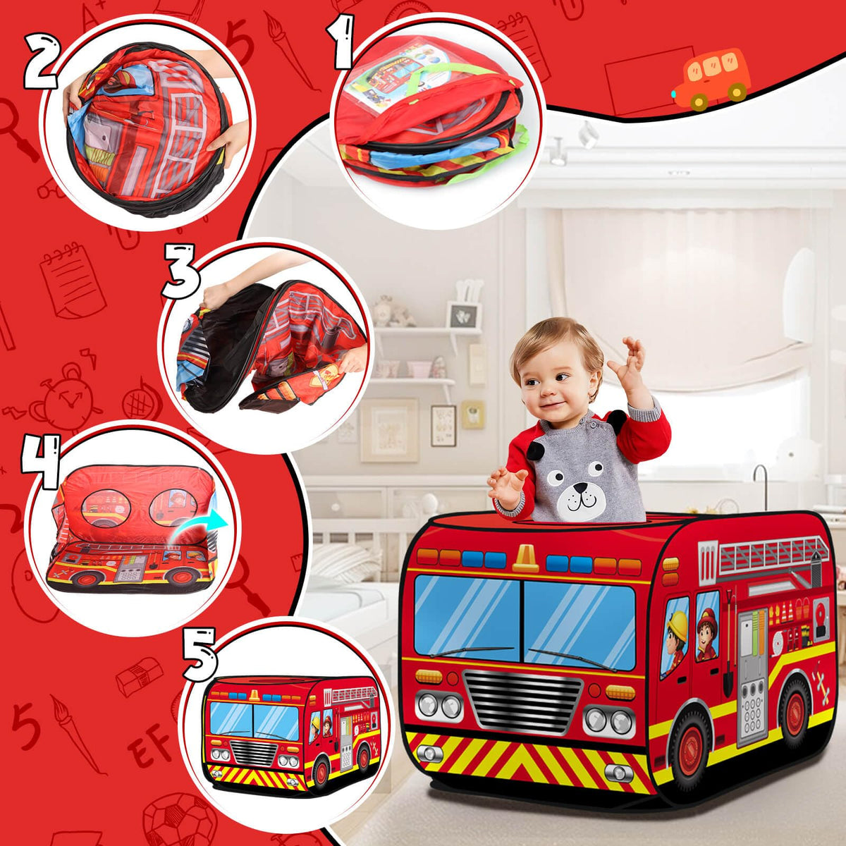 Britik Fire Truck Pop Up Tent Kids, Indoor Outdoor Playhouse Toy for 3+