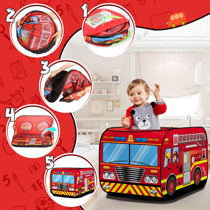 Britik Fire Truck Pop Up Tent Kids, Indoor Outdoor Playhouse Toy for 3+